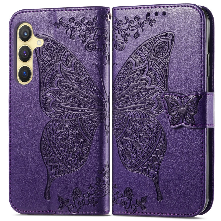 For Samsung Galaxy S25+ 5G Butterfly Love Flower Embossed Leather Phone Case(Dark Purple)