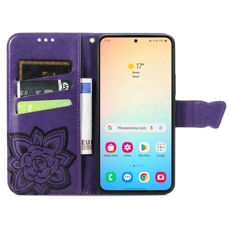 For Samsung Galaxy S25+ 5G Butterfly Love Flower Embossed Leather Phone Case(Dark Purple)
