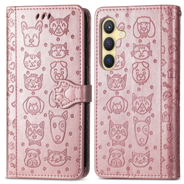 For Samsung Galaxy S25 5G Cat and Dog Embossed Leather Phone Case(Rose Gold)