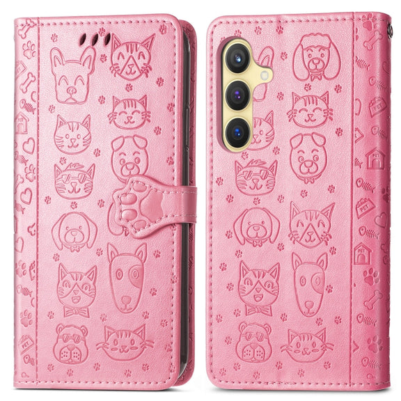 For Samsung Galaxy S25+ 5G Cat and Dog Embossed Leather Phone Case(Pink)