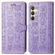 For Samsung Galaxy S25 Ultra 5G Cat and Dog Embossed Leather Phone Case(Purple)