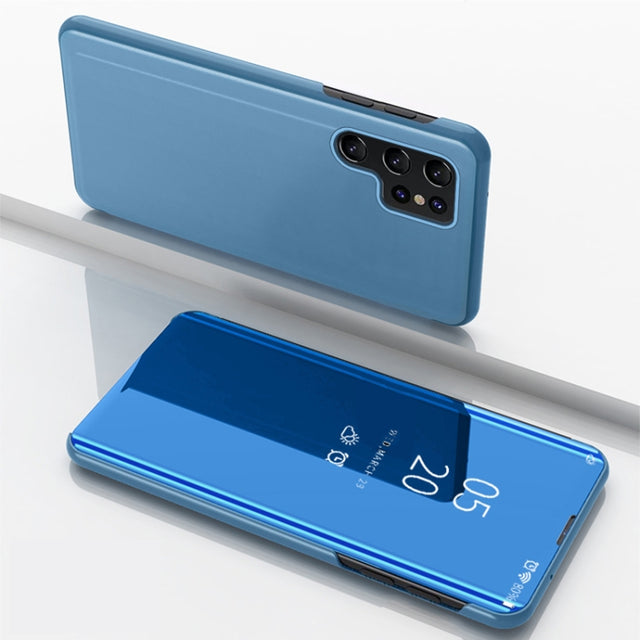For Samsung Galaxy S25 Ultra 5G Plated Mirror Horizontal Flip Leather Phone Case with Holder(Blue)
