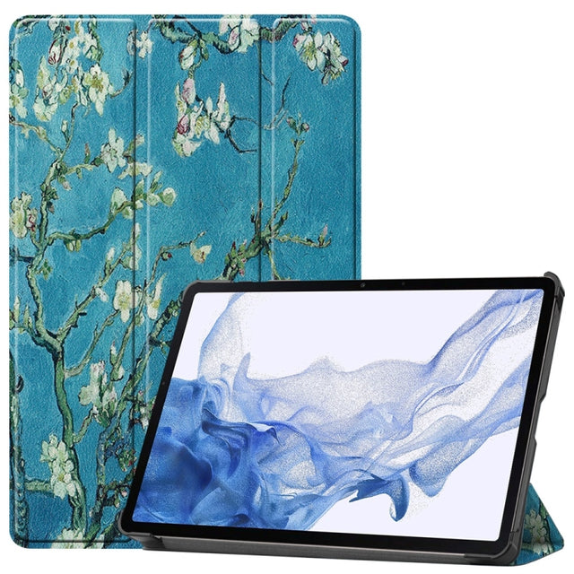 For Samsung Galaxy Tab S9 JUNSUNMAY Custer Painted 3-Fold Stand Leather Smart Tablet Case(Apricot Flower)