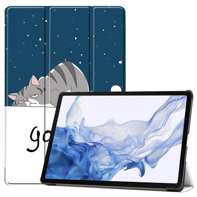 For Samsung Galaxy Tab S9 JUNSUNMAY Custer Painted 3-Fold Stand Leather Smart Tablet Case(Lazy Cat)