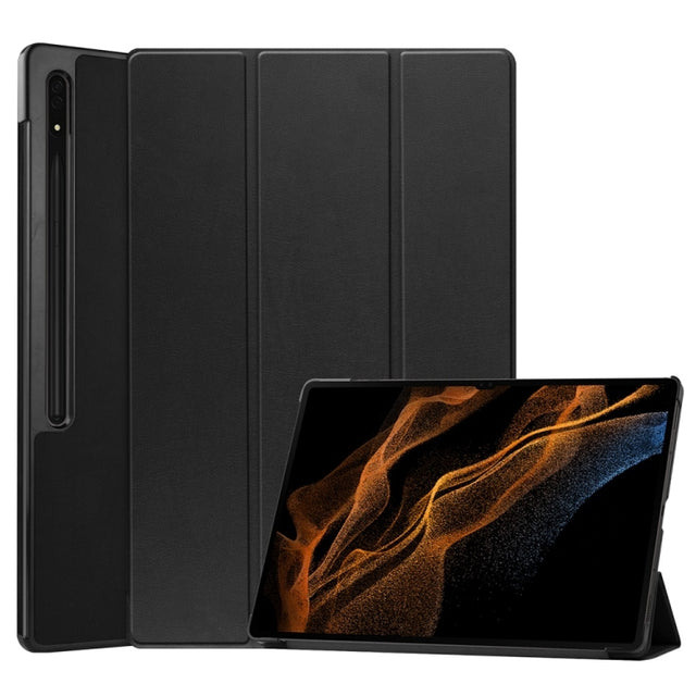For Samsung Galaxy Tab S9 Ultra JUNSUNMAY Custer Solid Color 3-Fold Stand Leather Smart Tablet Case(Black)