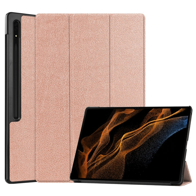 For Samsung Galaxy Tab S9 Ultra JUNSUNMAY Custer Solid Color 3-Fold Stand Leather Smart Tablet Case(Rose Gold)