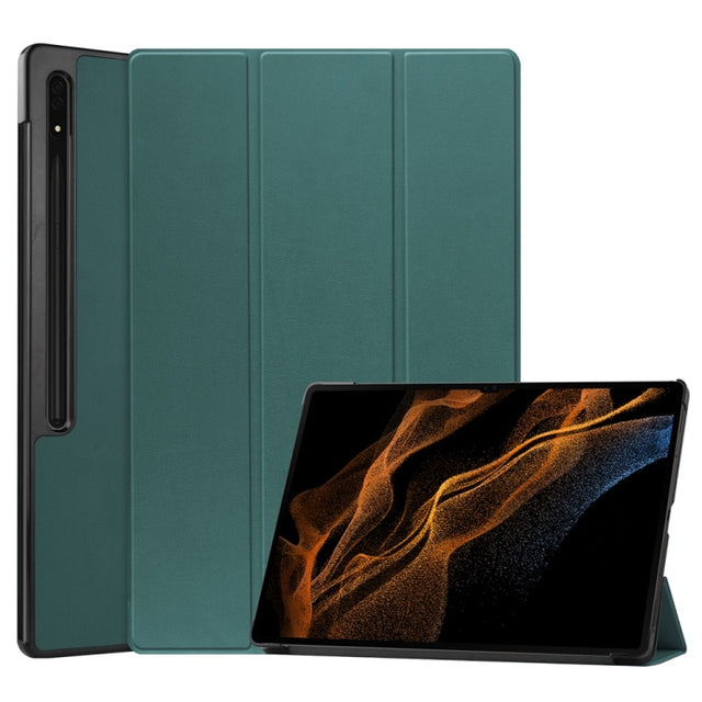For Samsung Galaxy Tab S9 Ultra JUNSUNMAY Custer Solid Color 3-Fold Stand Leather Smart Tablet Case(Dark Green)