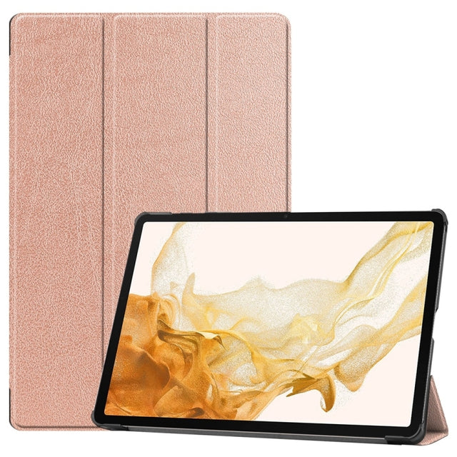 For Samsung Galaxy Tab S9+ JUNSUNMAY Custer Solid Color 3-Fold Stand Leather Smart Tablet Case(Rose Gold)