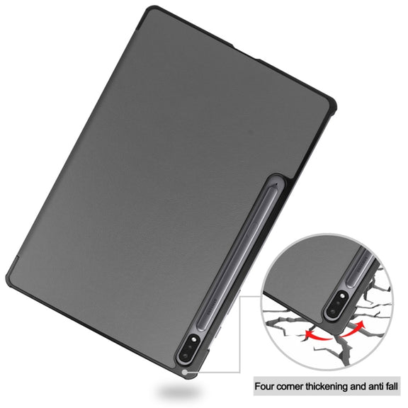 For Samsung Galaxy Tab S9+ JUNSUNMAY Custer Solid Color 3-Fold Stand Leather Smart Tablet Case(Grey)