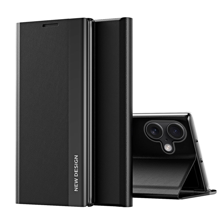 For iPhone 16 Side Electroplated Adsorption Leather Phone Case(Black)