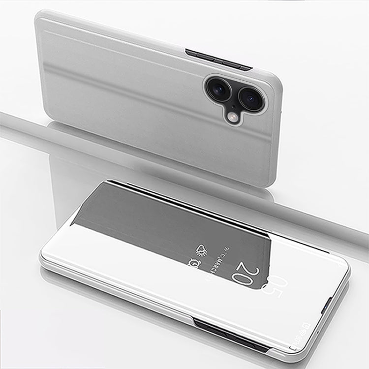 For iPhone 16 Plated Mirror Horizontal Flip Leather Phone Case with Holder(Silver)