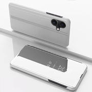 For iPhone 16 Plated Mirror Horizontal Flip Leather Phone Case with Holder(Silver)