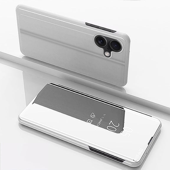 For iPhone 16 Plated Mirror Horizontal Flip Leather Phone Case with Holder(Silver)