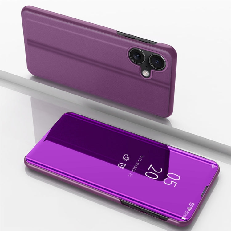 For iPhone 16 Plated Mirror Horizontal Flip Leather Phone Case with Holder(Purple)