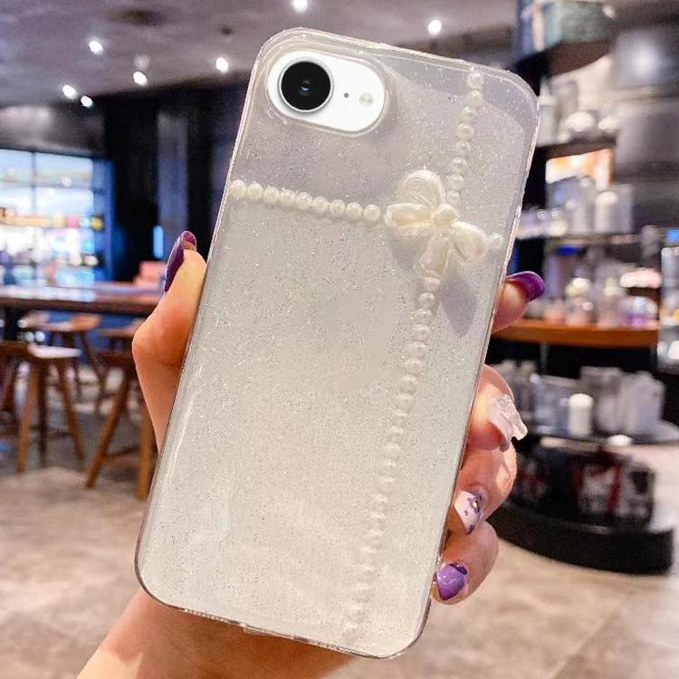 For iPhone 16e Pearl Bow Glitter Epoxy TPU Phone Case(Cross Knots)