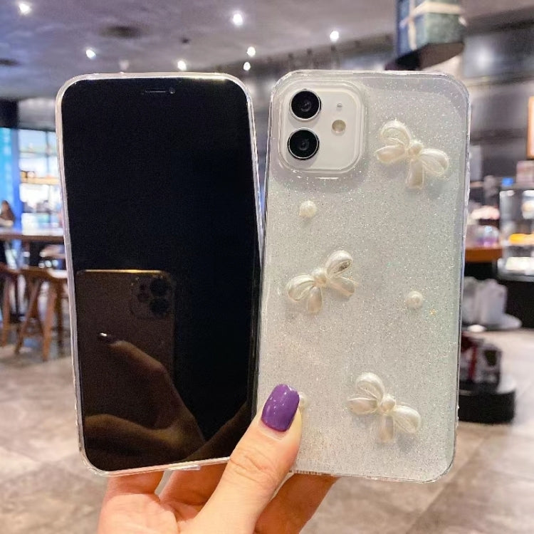 For iPhone 16 Plus Pearl Bow Glitter Epoxy TPU Phone Case(Cross Knots)