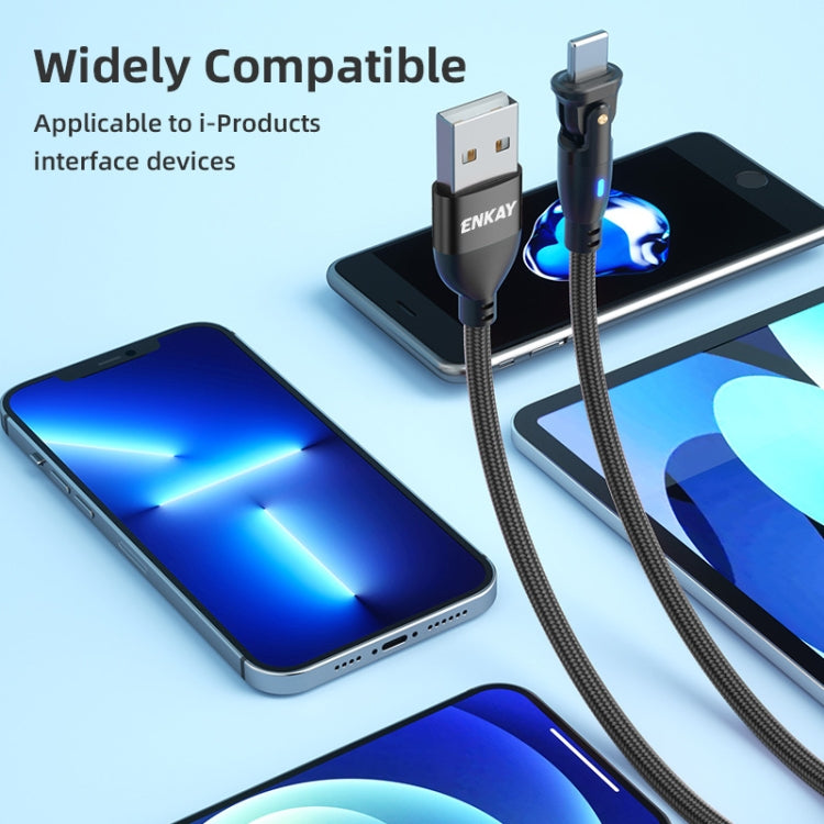 ENKAY 180 Degrees Rotating USB to 8 Pin Charging Data Cable with LED Light, Length:2m(Black)