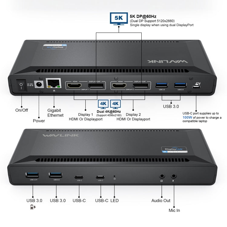 Wavlink UG69PD2 Dual 4K Fast Charging Integrated Docking Station, Plug:US Plug