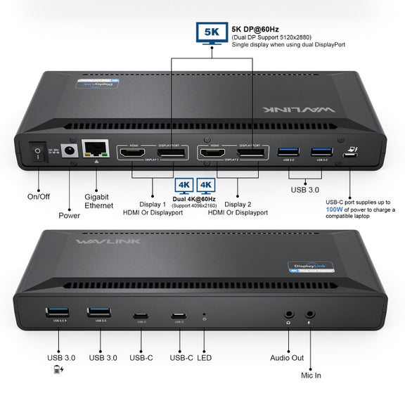 Wavlink UG69PD2 Dual 4K Fast Charging Integrated Docking Station, Plug:US Plug