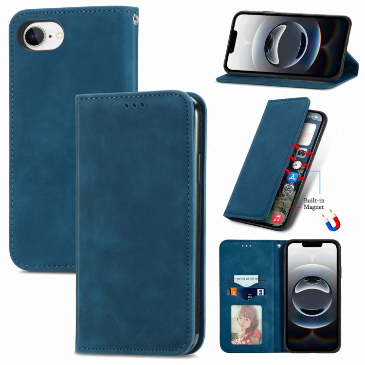 For iPhone 16e Retro Skin Feel Magnetic Flip Leather Phone Case(Blue)