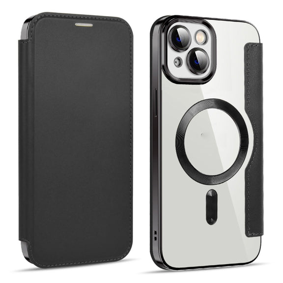 For iPhone 15 Plus Shield MagSafe RFID Anti-theft Leather Phone Case(Black)