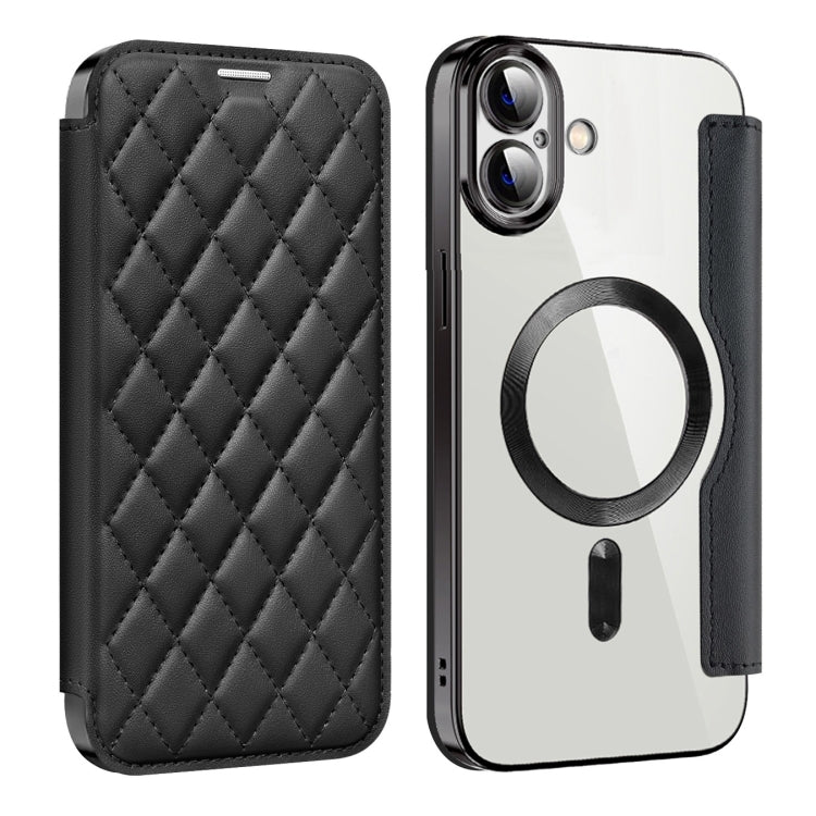 For iPhone 16 Shield Magsafe RFID Anti-theft Rhombus Leather Phone Case(Black)
