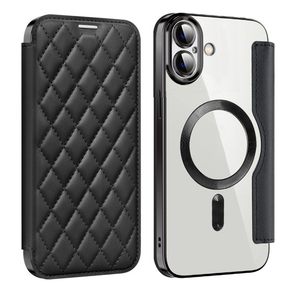 For iPhone 16 Shield Magsafe RFID Anti-theft Rhombus Leather Phone Case(Black)