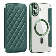 For iPhone 16 Plus Shield Magsafe RFID Anti-theft Rhombus Leather Phone Case(Green)