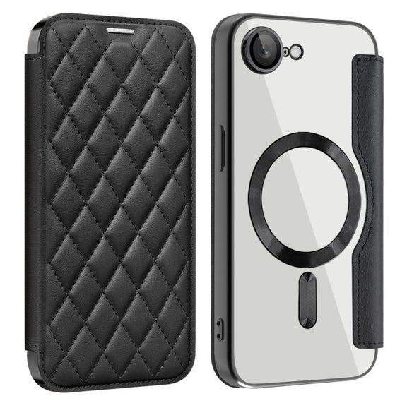 For iPhone 16e Shield Magsafe RFID Anti-theft Rhombus Leather Phone Case(Black)