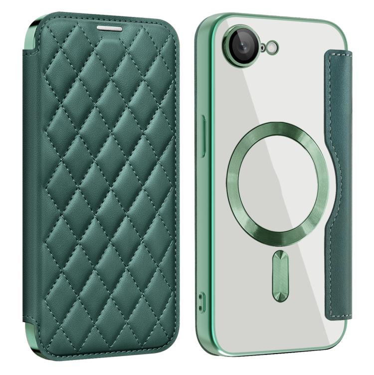 For iPhone 16e Shield Magsafe RFID Anti-theft Rhombus Leather Phone Case(Green)