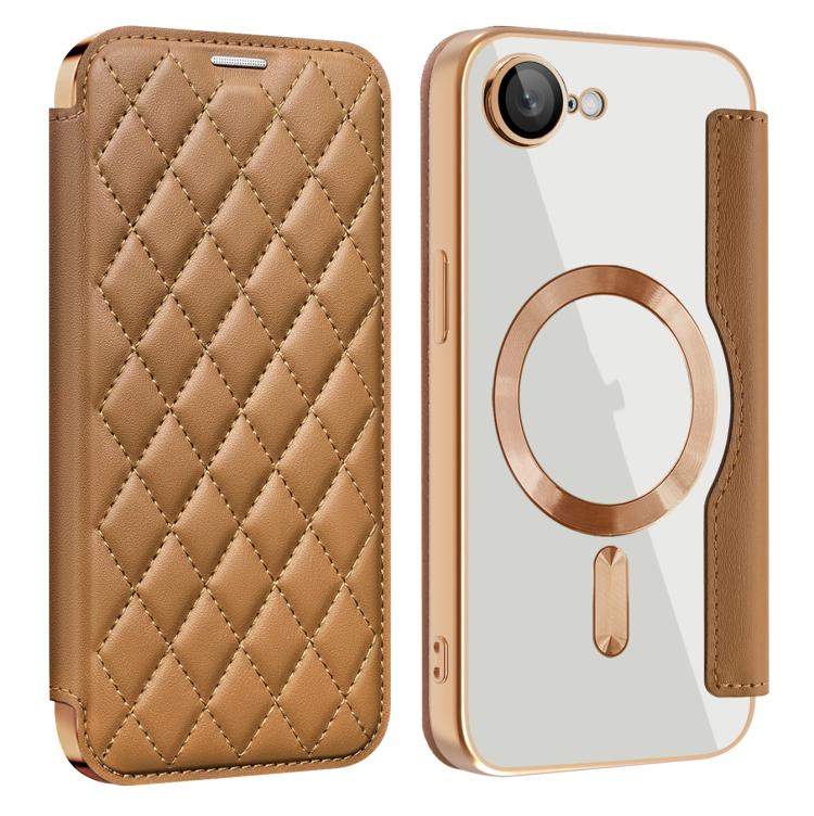 For iPhone 16e Shield Magsafe RFID Anti-theft Rhombus Leather Phone Case(Brown)