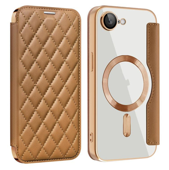 For iPhone 16e Shield Magsafe RFID Anti-theft Rhombus Leather Phone Case(Brown)