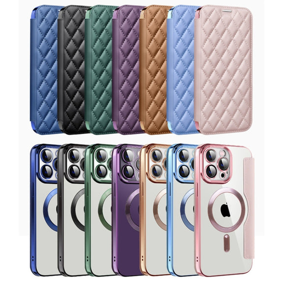 For iPhone 16 Shield Magsafe RFID Anti-theft Rhombus Leather Phone Case(Blue)