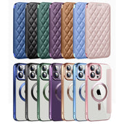 For iPhone 16 Pro Max Shield Magsafe RFID Anti-theft Rhombus Leather Phone Case(Pink)
