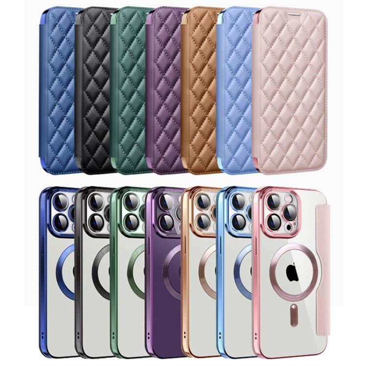 For iPhone 16 Pro Max Shield Magsafe RFID Anti-theft Rhombus Leather Phone Case(Dark Blue)