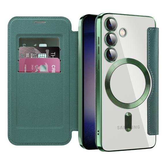 For Samsung Galaxy S25 5G Shield MagSafe RFID Anti-theft Rhombus Leather Phone Case(Green)