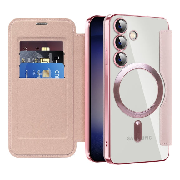 For Samsung Galaxy S25 5G Shield MagSafe RFID Anti-theft Rhombus Leather Phone Case(Pink)