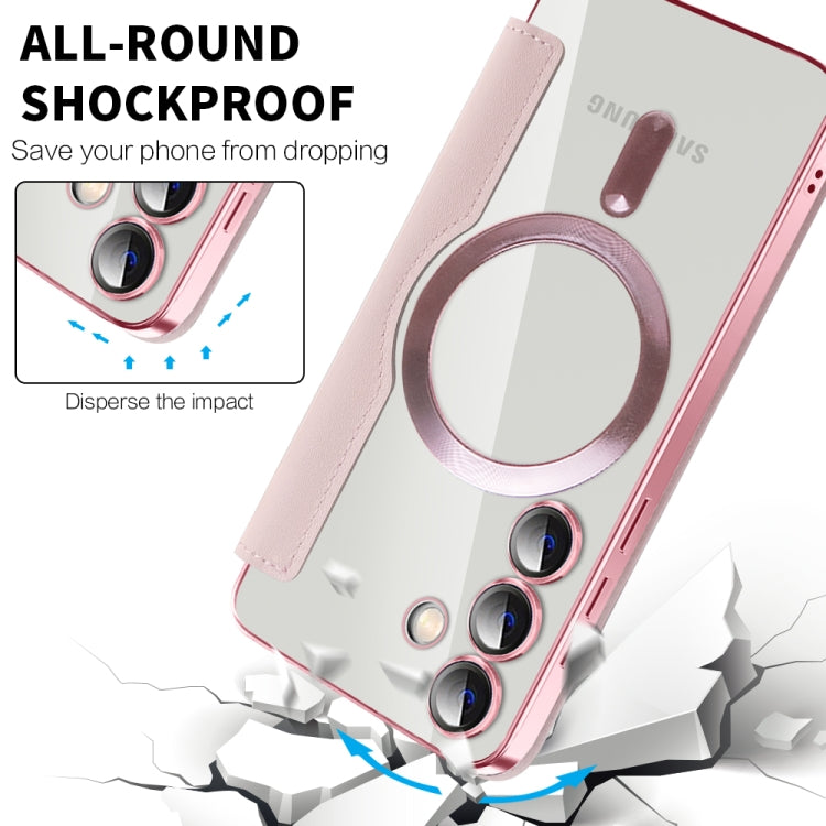For Samsung Galaxy S25 5G Shield MagSafe RFID Anti-theft Rhombus Leather Phone Case(Pink)
