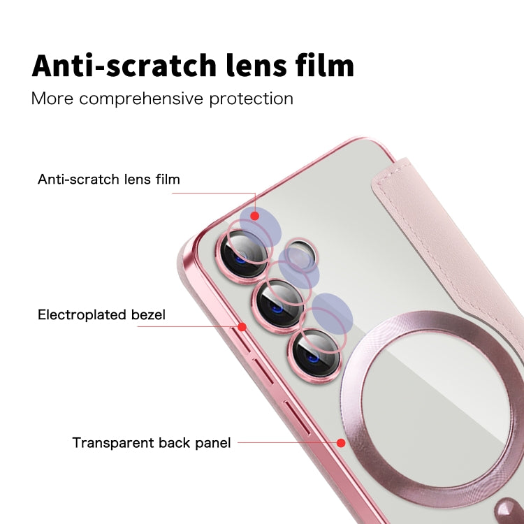 For Samsung Galaxy S25 5G Shield MagSafe RFID Anti-theft Rhombus Leather Phone Case(Pink)