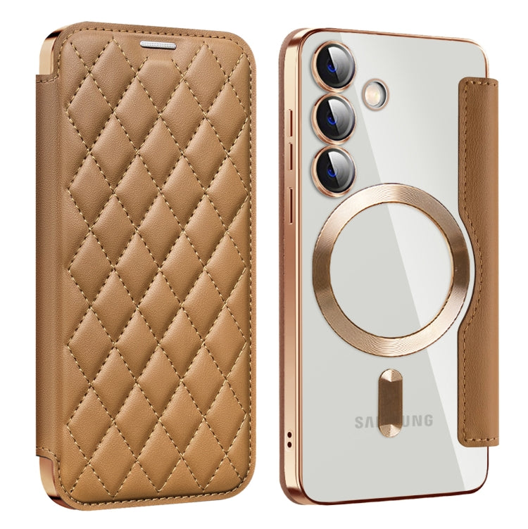 For Samsung Galaxy S25 5G Shield MagSafe RFID Anti-theft Rhombus Leather Phone Case(Brown)