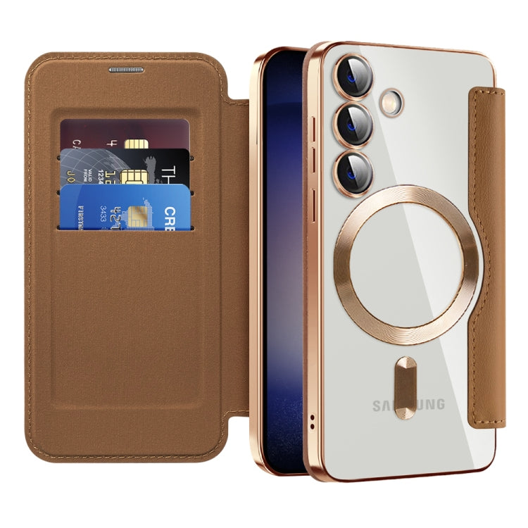 For Samsung Galaxy S25 5G Shield MagSafe RFID Anti-theft Rhombus Leather Phone Case(Brown)