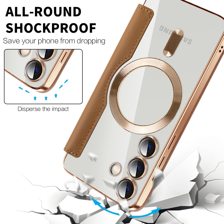 For Samsung Galaxy S25 5G Shield MagSafe RFID Anti-theft Rhombus Leather Phone Case(Brown)