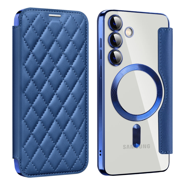 For Samsung Galaxy S25+ 5G Shield MagSafe RFID Anti-theft Rhombus Leather Phone Case(Dark Blue)