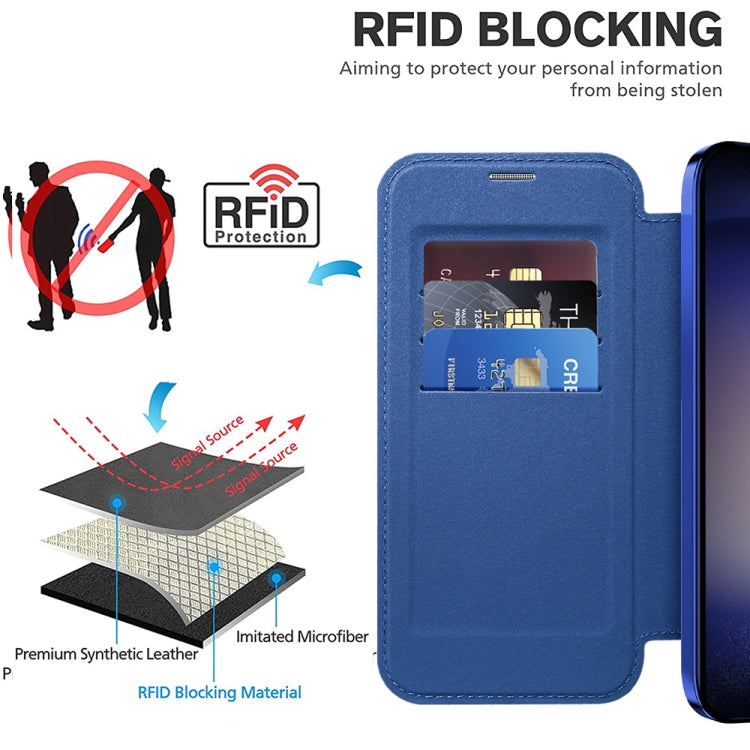 For Samsung Galaxy S25+ 5G Shield MagSafe RFID Anti-theft Rhombus Leather Phone Case(Dark Blue)