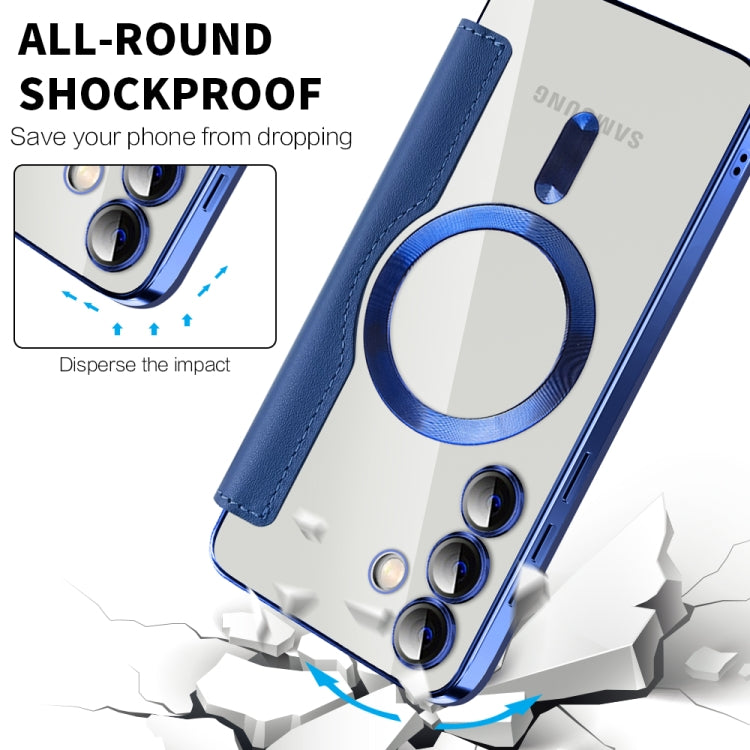 For Samsung Galaxy S25+ 5G Shield MagSafe RFID Anti-theft Rhombus Leather Phone Case(Dark Blue)