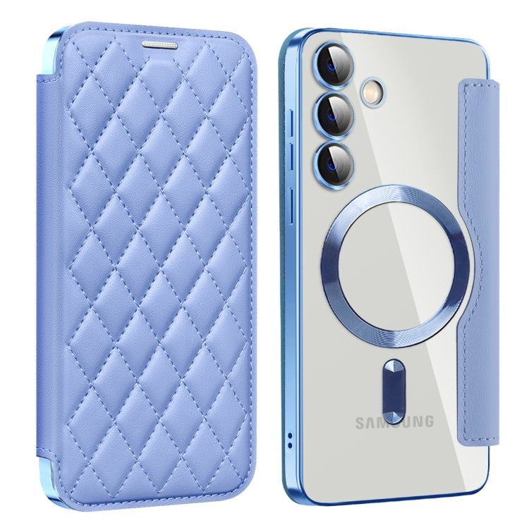 For Samsung Galaxy S25+ 5G Shield MagSafe RFID Anti-theft Rhombus Leather Phone Case(Blue)