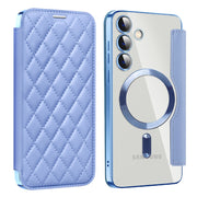 For Samsung Galaxy S25+ 5G Shield MagSafe RFID Anti-theft Rhombus Leather Phone Case(Blue)