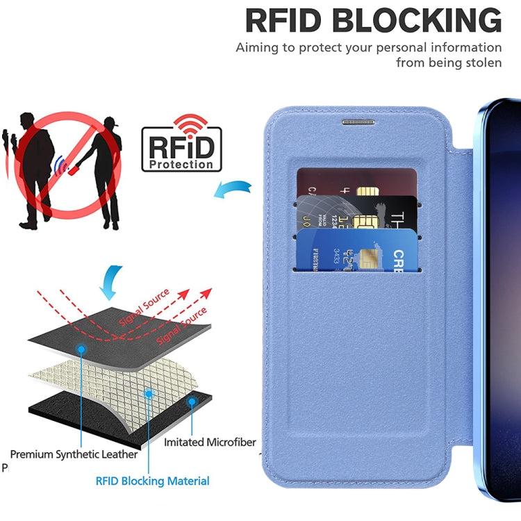 For Samsung Galaxy S25+ 5G Shield MagSafe RFID Anti-theft Rhombus Leather Phone Case(Blue)