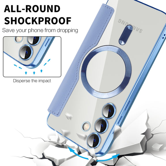 For Samsung Galaxy S25+ 5G Shield MagSafe RFID Anti-theft Rhombus Leather Phone Case(Blue)