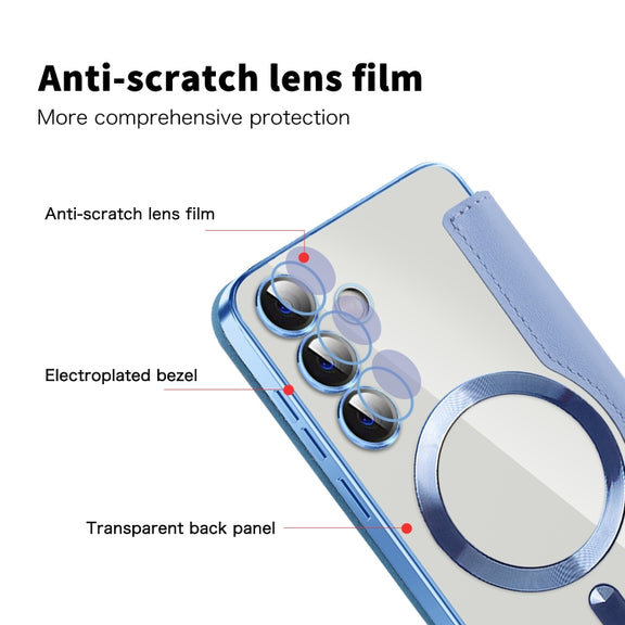 For Samsung Galaxy S25+ 5G Shield MagSafe RFID Anti-theft Rhombus Leather Phone Case(Blue)